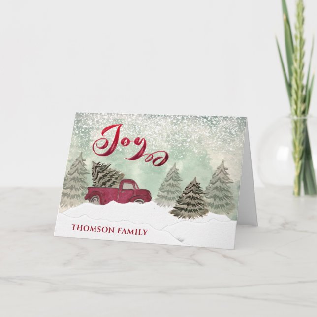 Watercolor Winter scene red truck Joy Holiday Card (Front)