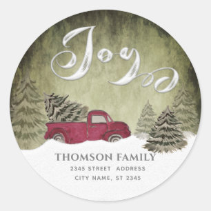 Watercolor Winter scene red truck Joy Holiday Classic Round Sticker