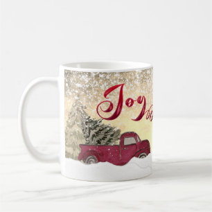 Watercolor Winter scene red truck Joy Holiday Coffee Mug