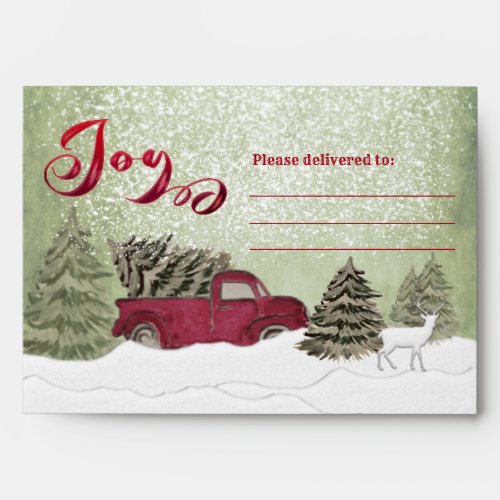 Watercolor Winter scene red truck Joy Holiday  Envelope