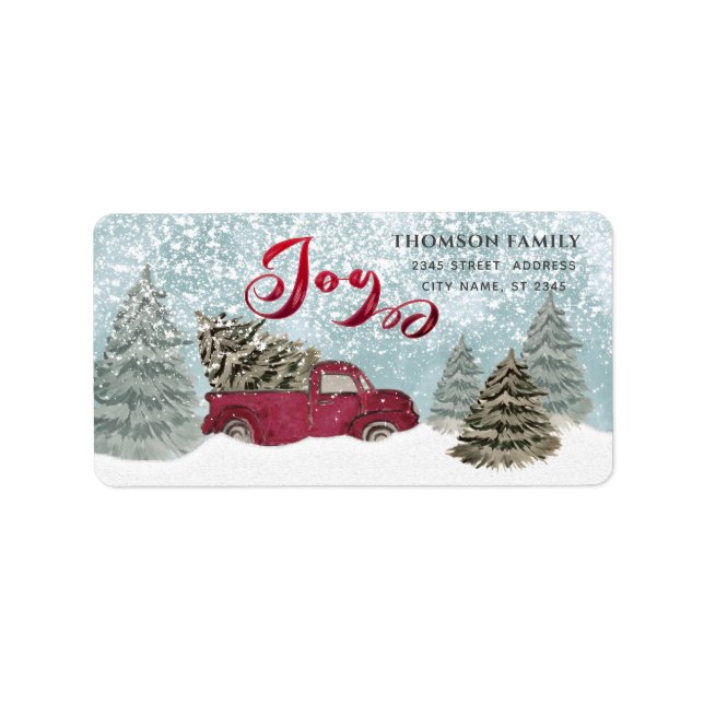 Watercolor Winter scene red truck Joy Holiday Labe Label (Front)