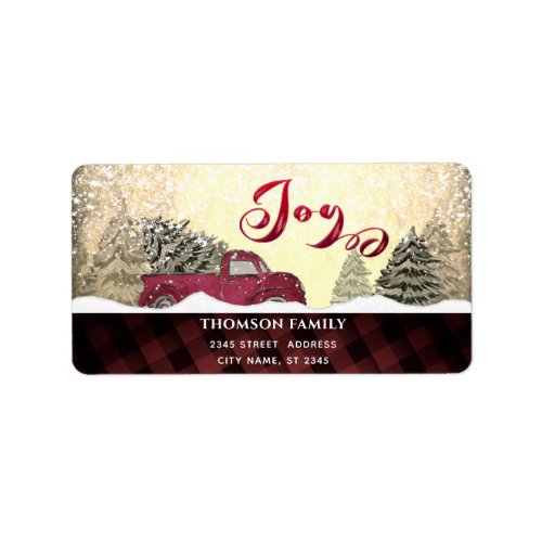 Watercolor Winter scene red truck Joy Holiday Labe Label