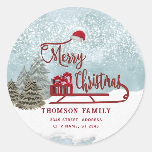 Watercolor Winter scene sledge Christmas Classic Round Sticker