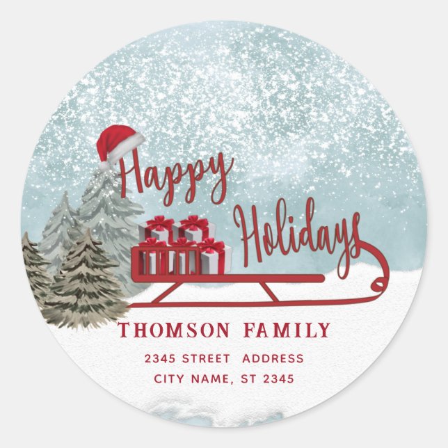 Watercolor Winter scene sledge Holiday Classic Round Sticker (Front)