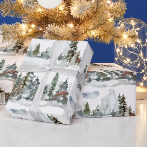 Watercolor Winter Scene Woodland Forest Reindeer W Wrapping Paper