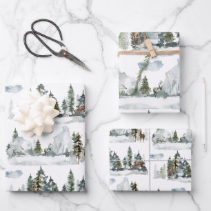 Watercolor Winter Scene Woodland Forest Reindeer Wrapping Paper Sheets