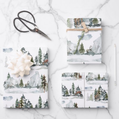 Watercolor Winter Scene Woodland Forest Reindeer Wrapping Paper Sheets