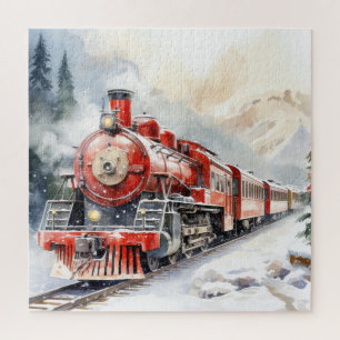 Watercolor Winter Scenery Christmas Train Jigsaw Puzzle