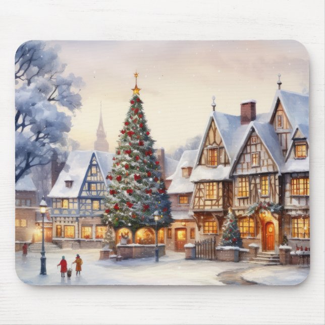 Watercolor Winter Scenery Christmas Village Mouse Pad (Front)