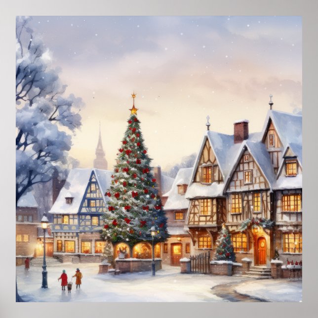 Watercolor Winter Scenery Christmas Village Poster (Front)