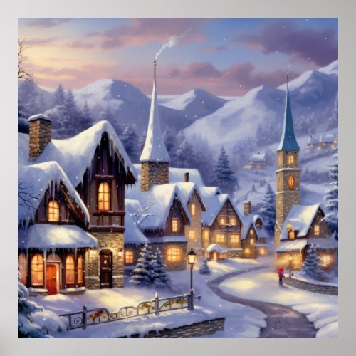 Watercolor Winter Scenery Christmas Village Poster