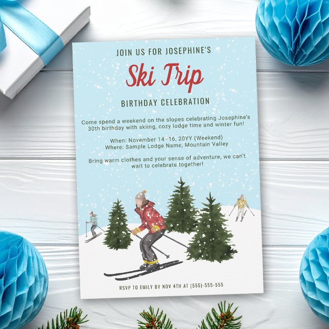 Watercolor Winter Ski Trip Skiing Birthday Party Invitation (Creator Uploaded)