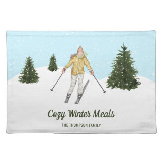 Watercolor Winter Skier Cozy Meals Family Name Cloth Placemat