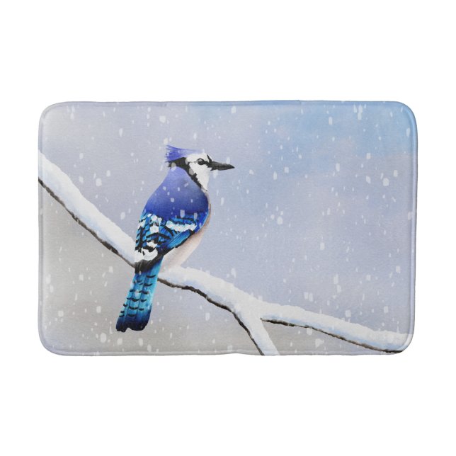 Watercolor Winter Snow Bird Blue Jay Bath Mat (Front)