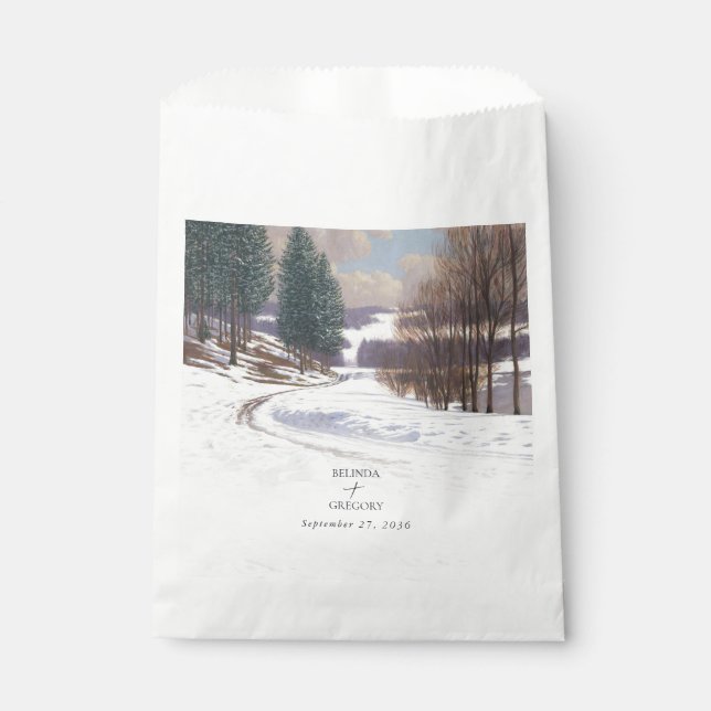 Watercolor Winter Snow Landscape Wedding Favor Bag (Front)