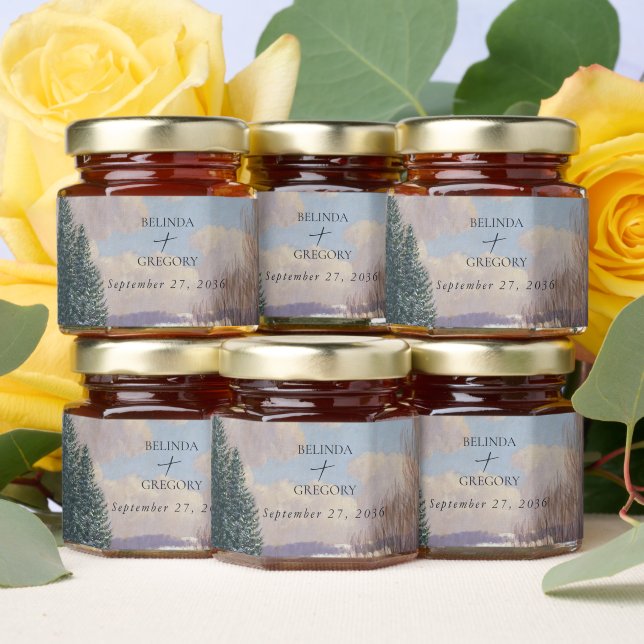 Watercolor Winter Snow Landscape Wedding Honey Jar Favors (Insitu)