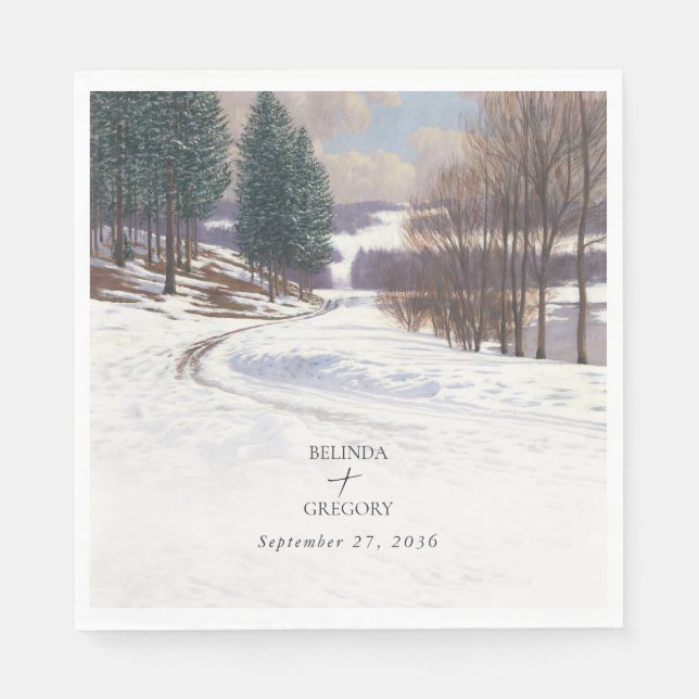 Watercolor Winter Snow Landscape Wedding Napkins (Front)