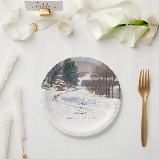 Watercolor Winter Snow Landscape Wedding Paper Plates (Wedding)