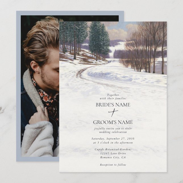 Watercolor Winter Snow Landscape Wedding Photo Invitation (Front/Back)