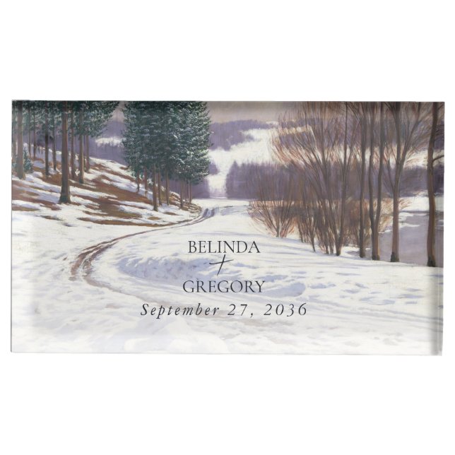 Watercolor Winter Snow Landscape Wedding Place Card Holder (Front)