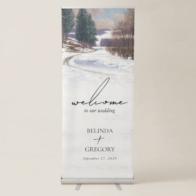 Watercolor Winter Snow Landscape Wedding Retractable Banner (Front)