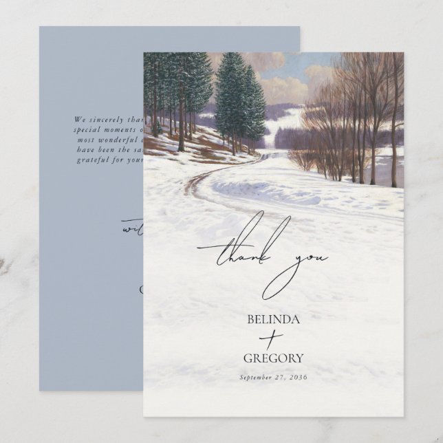 Watercolor Winter Snow Landscape Wedding Thank You Card (Front/Back)