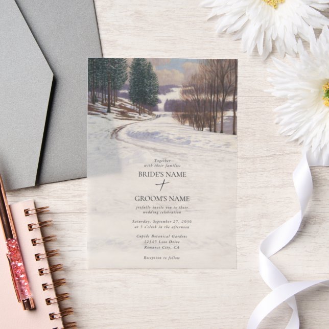 Watercolor Winter Snow Landscape Wedding Vellum Invitations (Wedding)