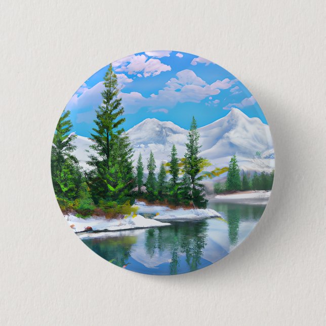 Watercolor Winter Snow Mountain Pine Trees Lake Button (Front)