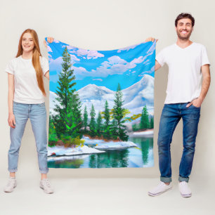 Watercolor Winter Snow Mountain Pine Trees Lake Fleece Blanket