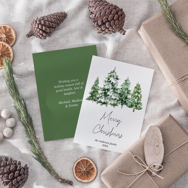 Watercolor Winter Snow Pine Trees Merry Christmas Holiday Card (Creator Uploaded)