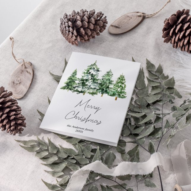 Watercolor Winter Snow Pine Trees Merry Christmas Holiday Card (Creator Uploaded)