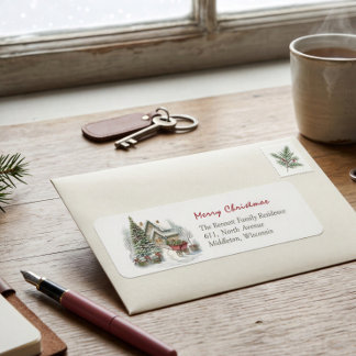 Watercolor Winter Snow Scene Christmas Label