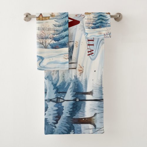 Watercolor Winter Snowflake Hut in Forest Monogram Bath Towel Set