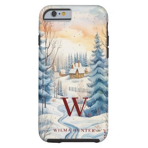Watercolor Winter Snowflake Hut in Forest Monogram Tough iPhone 6 Case