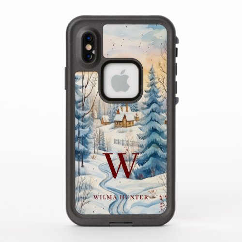 Watercolor Winter Snowflake Hut in Forest Monogram