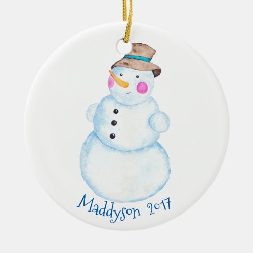 Watercolor Winter Snowman Personalized Ceramic Ornament