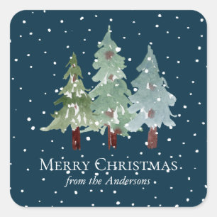 Watercolor Winter Snowy Pine Christmas Square Sticker