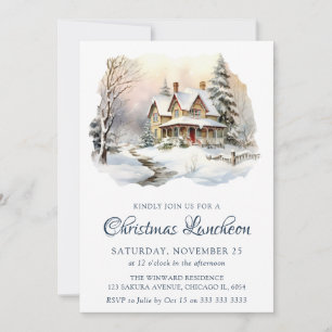 Watercolor Winter Snowy Scene Christmas Luncheon Invitation