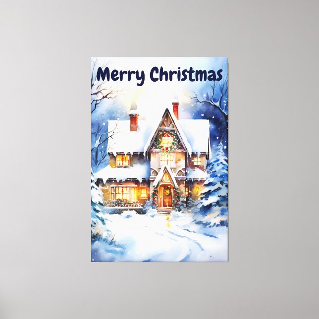 Watercolor Winter Snowy Scenery Christmas House Canvas Print (Front)