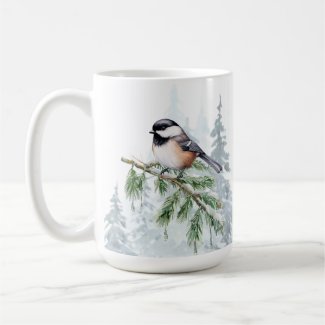 Watercolor Winter Spruce Tree Chickadee Coffee Mug