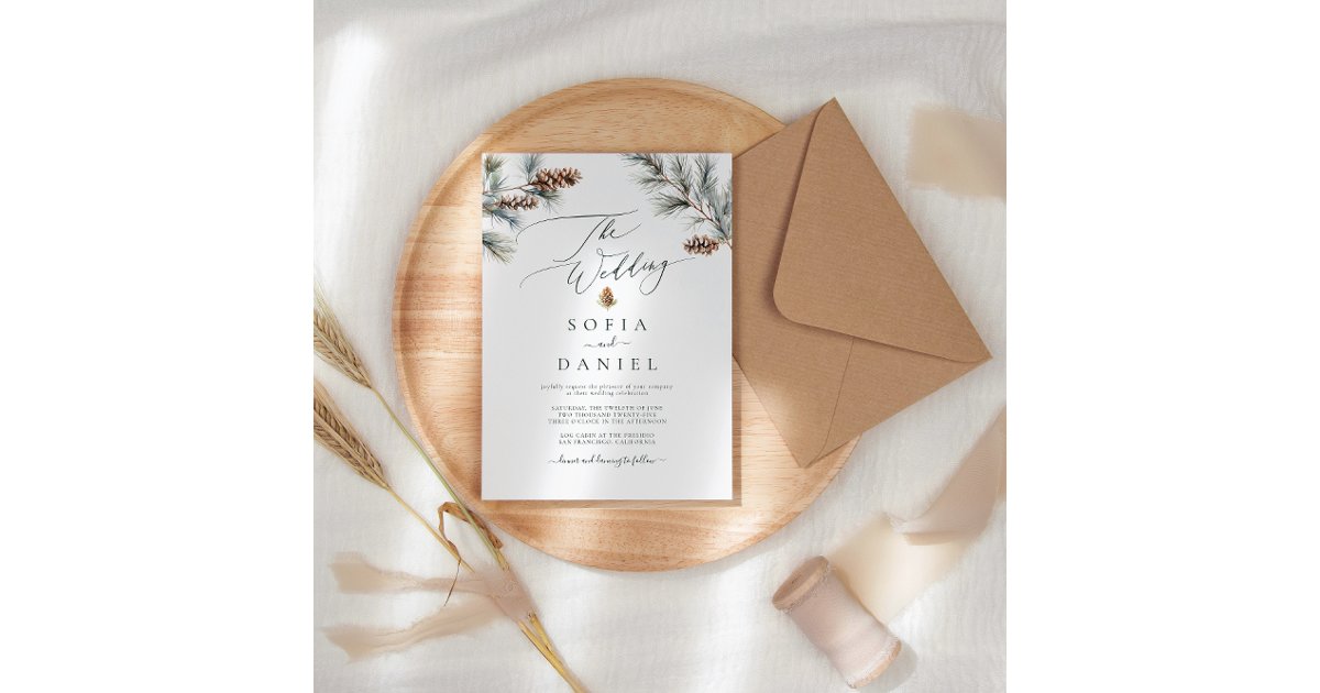 Watercolor Winter Spruce Twigs Pine Cone Wedding Invitation | Zazzle