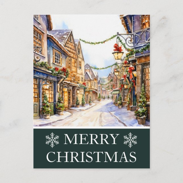Watercolor Winter Street Scene Christmas Card (Front)