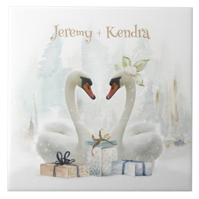 Watercolor Winter Swans Personalized Ceramic Tile (Front)