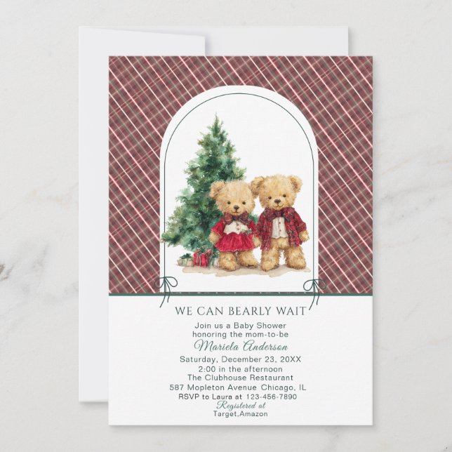 Watercolor  Winter  Teddy bear Christmas Baby Show Invitation (Front)