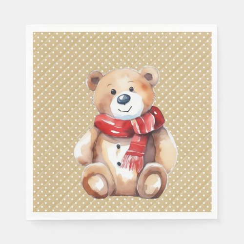 Watercolor Winter Teddy Bear On Polka Dots Napkins