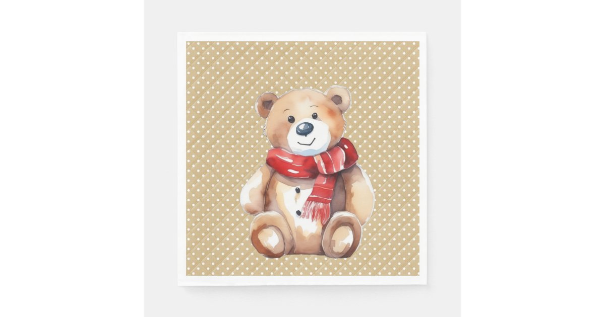 Watercolor Winter Teddy Bear On Polka Dots Napkins | Zazzle