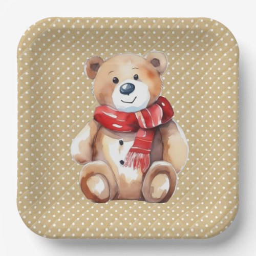 Watercolor Winter Teddy Bear On Polka Dots Paper Plates