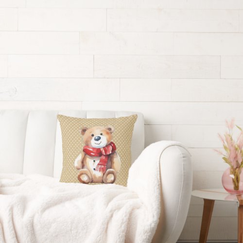 Watercolor Winter Teddy Bear On Polka Dots Throw Pillow