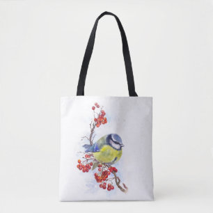 Watercolor winter titmouse bird illustration branc tote bag
