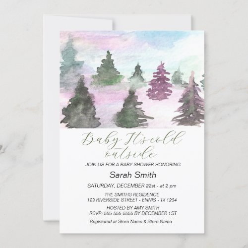 Watercolor Winter Tree Forest Baby Shower  Holiday Card